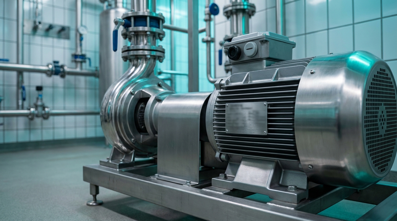 Stock-style image of a sanitary pump motor with an intentionally blurred nameplate for a motor replacement article.