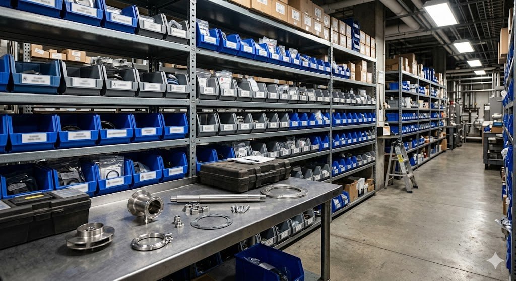 Organized maintenance storeroom with spare parts bins and stainless components