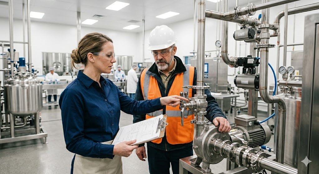 Plant walkdown discussion near sanitary process equipment